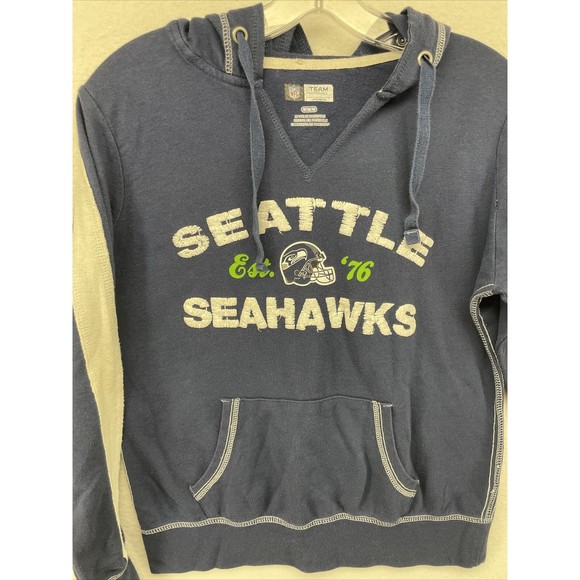 Seattle Seahawks Womens Top Blue Medium M NFL Logo Hooded V-Neck Kangaroo Pocket - Picture 6 of 11